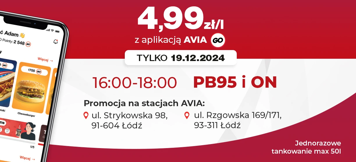 Promocyjny zrzut ekranu reklamy dla aplikacji AVIA GO oferującej obniżone ceny paliwa w dniu 19 grudnia 2024 roku. Oferta ograniczona czasowo na paliwa PB95 i ON na stacjach AVIA w Łodzi, Polska.