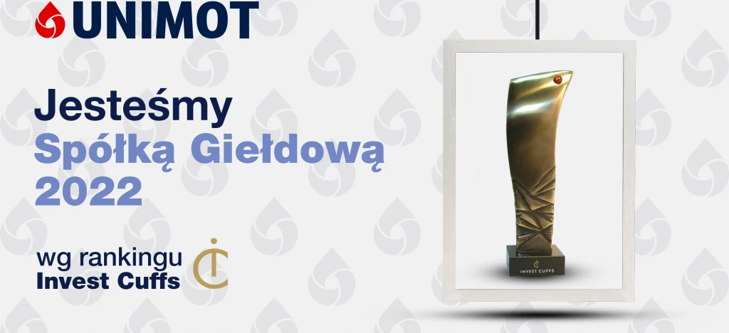 Logo UNIMOT wyświetlany na trofeum nagrody za ranking w Invest Cuffs 2022. Rozpoznanie reklamowe za status spółki notowanej publicznie.