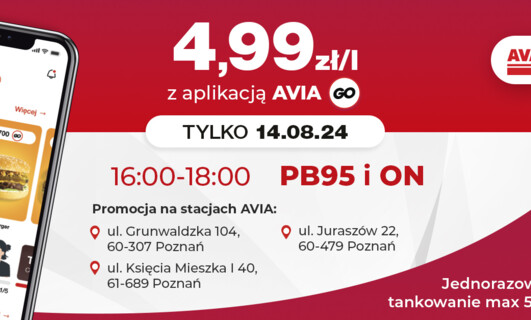 Paliwo za 4,99 zł/l na trzech stacjach AVIA w Poznaniu dla użytkowników aplikacji AVIA GO