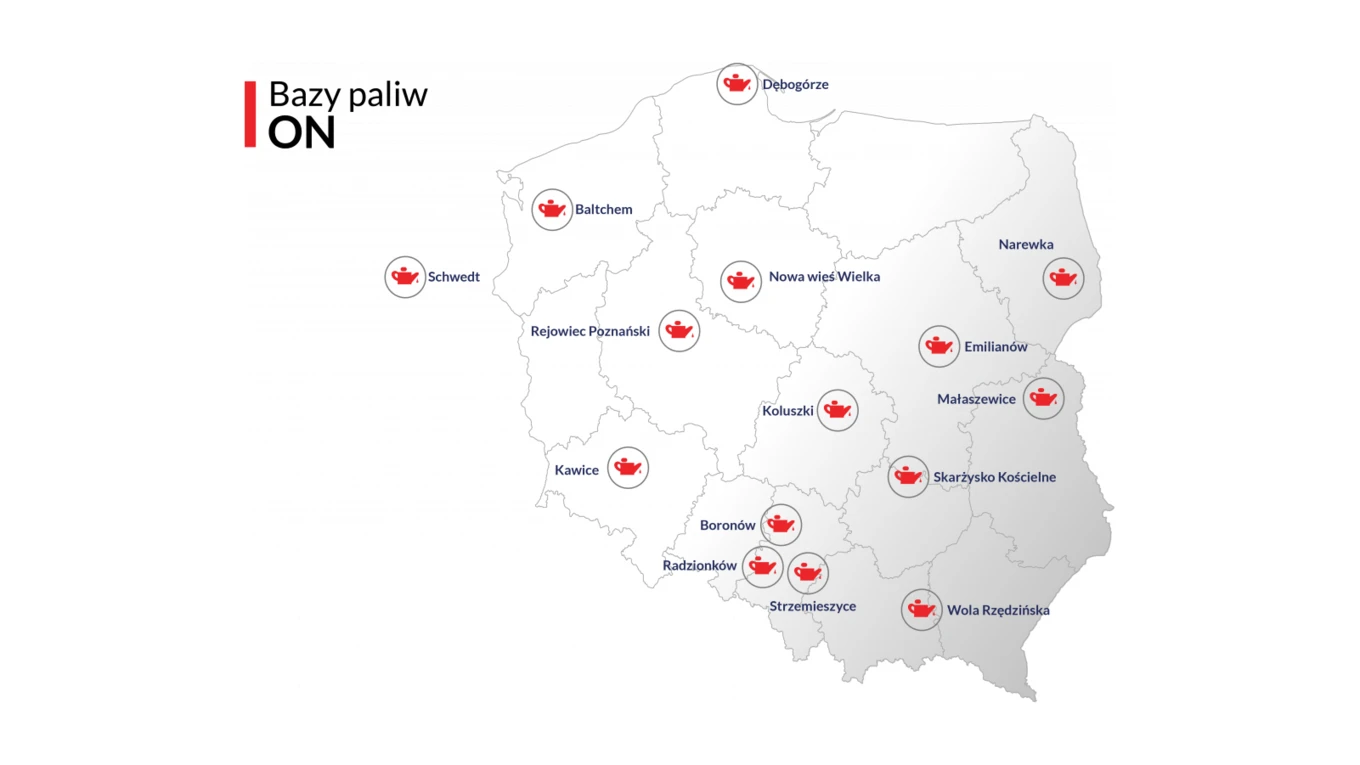 Bazy paliwowe w Polsce: ON, Schwedt, Baltchem, Rejowiec Poznański, Kawice, Boronów, Dębogórze, Narewka, Nowa Wieś Wielka, Emilianów, Małaszewice, Koluszki, Skarżysko Kościelne, Radzionków, Strzemieszyce, Wola Rzędzińska.